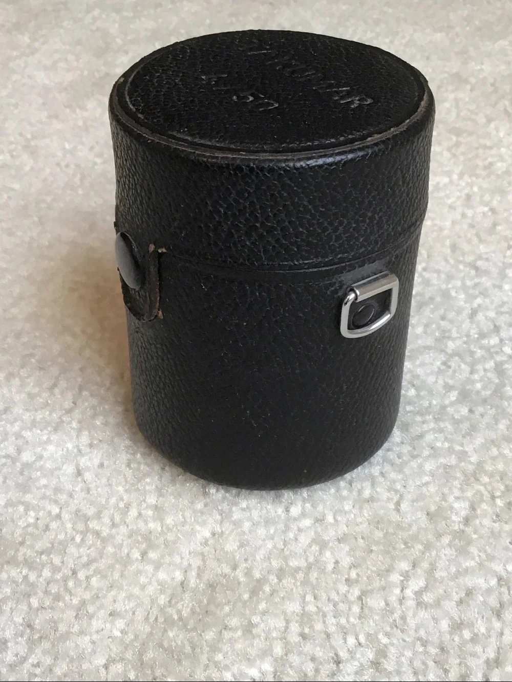 Vintage Takumar Black Textured Leather Lens Case, 3 1/2” tall x 2 3/4” wide